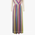 Costom  Printed Stripe Sleeveless Long Dress Sexy V Neck  Dresses For Women